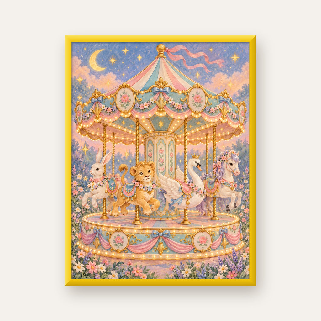 Pastel Nostaljik Atlıkarınca Poster – Masalsı Hayvanlar — sarı çerçeveli