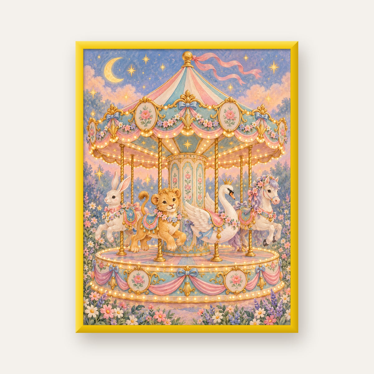Pastel Nostaljik Atlıkarınca Poster – Masalsı Hayvanlar — sarı çerçeveli