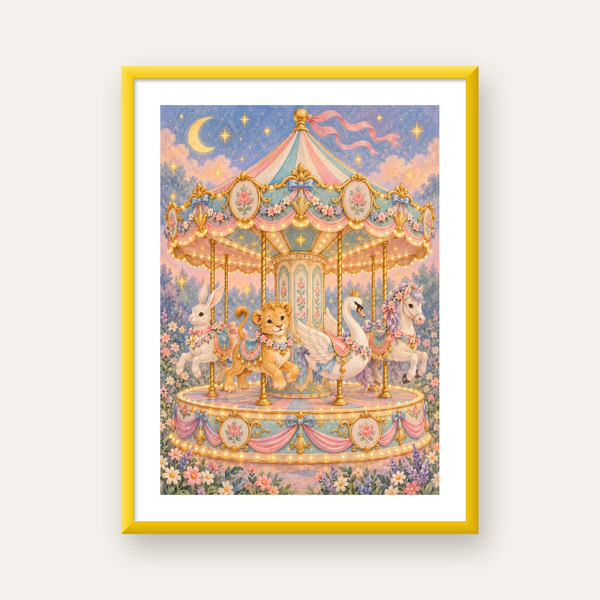 Pastel Nostaljik Atlıkarınca Poster – Masalsı Hayvanlar — sarı çerçeveli paspartulu