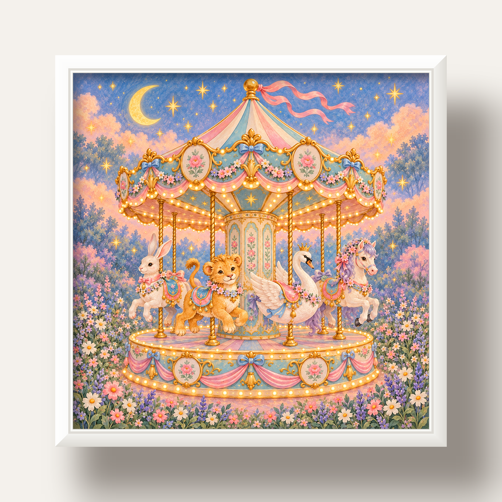 Pastel Nostaljik Atlıkarınca Poster – Masalsı Hayvanlar — beyaz derin çerçeveli