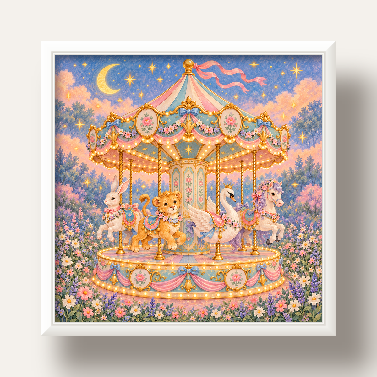 Pastel Nostaljik Atlıkarınca Poster – Masalsı Hayvanlar — beyaz derin çerçeveli
