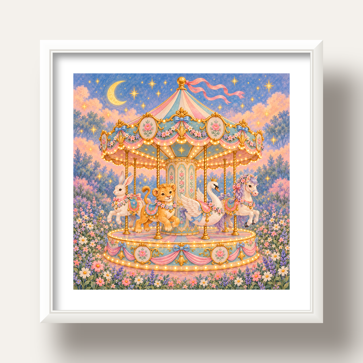 Pastel Nostaljik Atlıkarınca Poster – Masalsı Hayvanlar — beyaz derin çerçeveli paspartulu