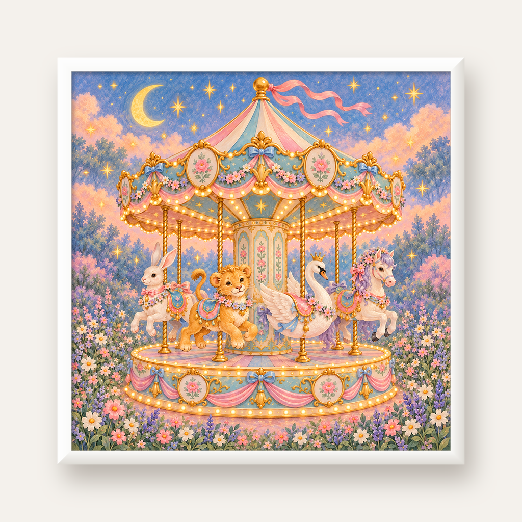 Pastel Nostaljik Atlıkarınca Poster – Masalsı Hayvanlar — beyaz çerçeveli kare poster