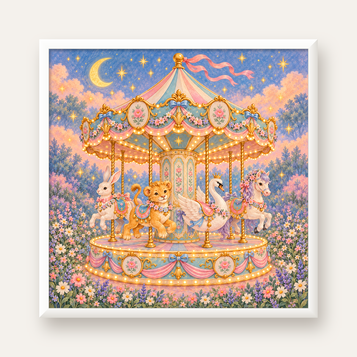 Pastel Nostaljik Atlıkarınca Poster – Masalsı Hayvanlar — beyaz çerçeveli kare poster