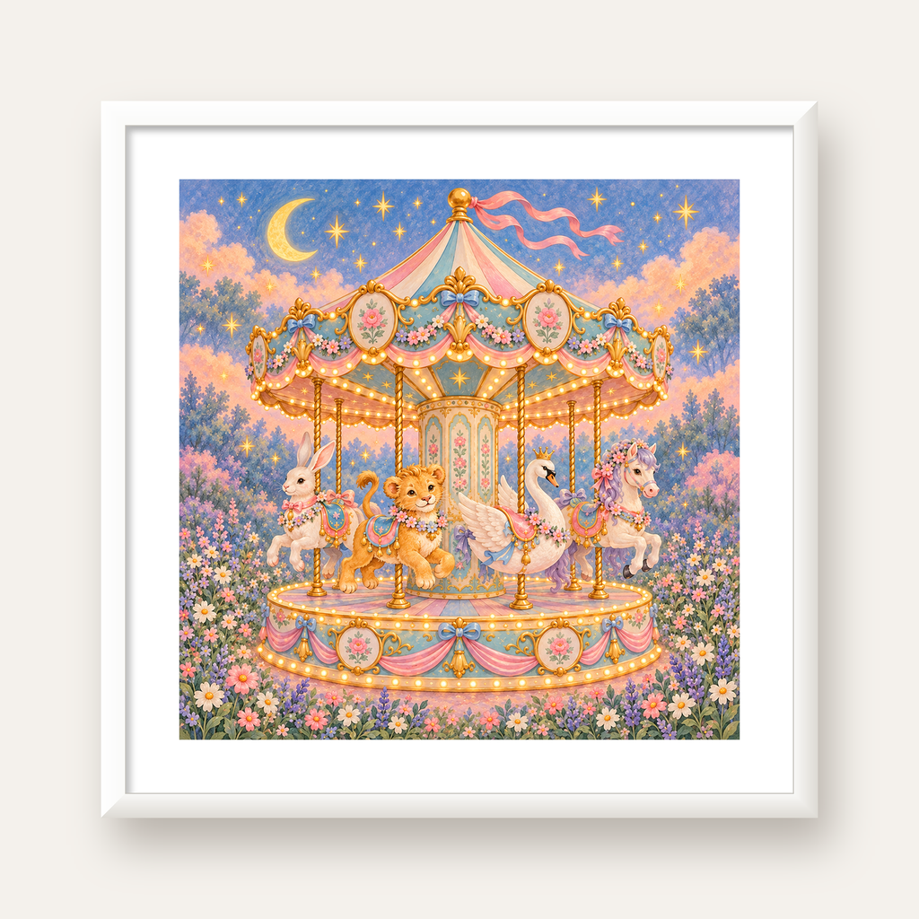 Pastel Nostaljik Atlıkarınca Poster – Masalsı Hayvanlar — beyaz çerçeveli kare poster