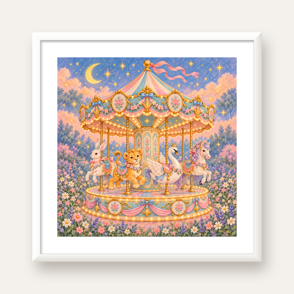 Pastel Nostaljik Atlıkarınca Poster – Masalsı Hayvanlar — beyaz çerçeveli kare poster