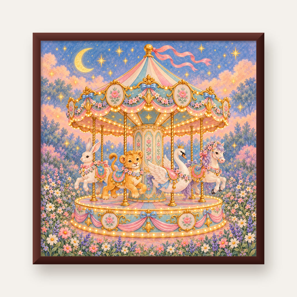 Pastel Nostaljik Atlıkarınca Poster – Masalsı Hayvanlar — ceviz çerçeveli