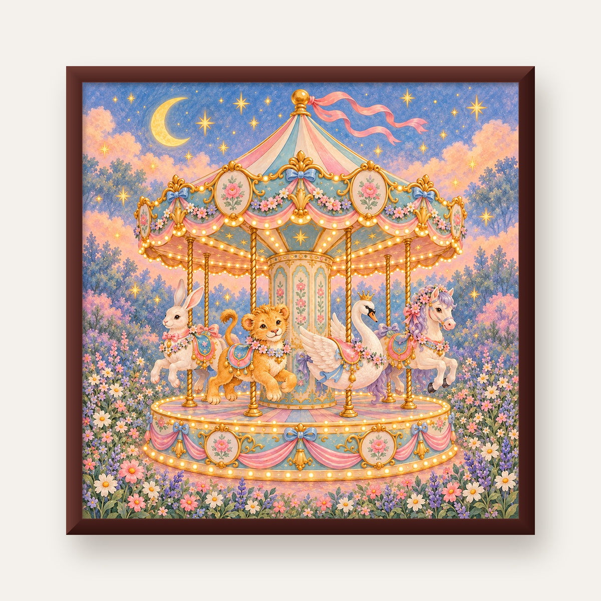Pastel Nostaljik Atlıkarınca Poster – Masalsı Hayvanlar — ceviz çerçeveli