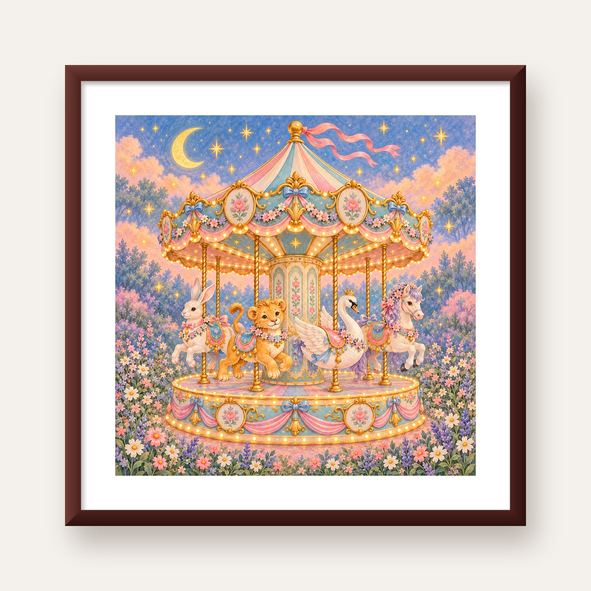 Pastel Nostaljik Atlıkarınca Poster – Masalsı Hayvanlar — ceviz çerçeveli paspartulu