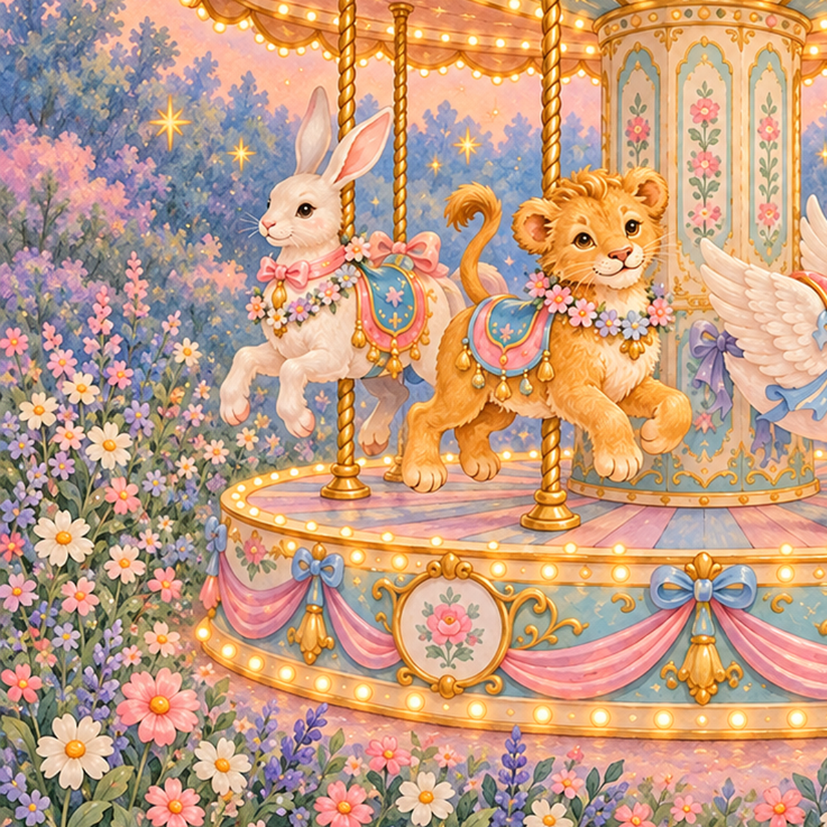 Pastel Nostaljik Atlıkarınca Poster – Masalsı Hayvanlar — baskının yakın çekimi, kâğıt dokusu ve renk detayı