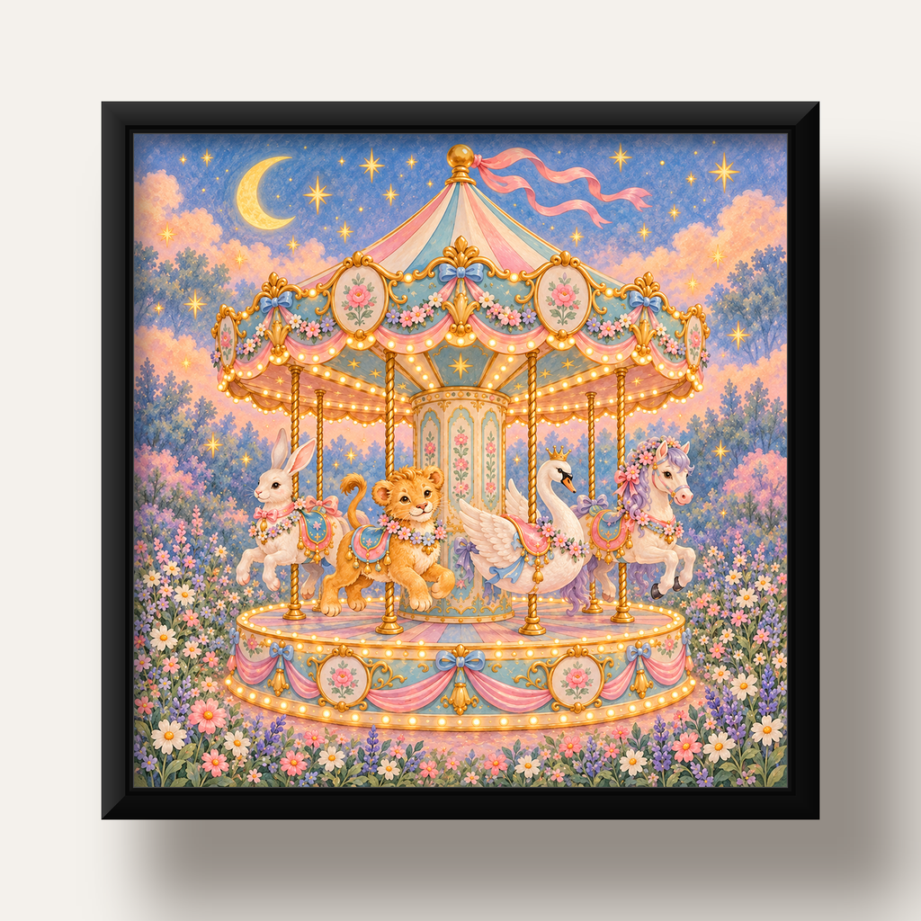 Pastel Nostaljik Atlıkarınca Poster – Masalsı Hayvanlar — siyah derin çerçeveli