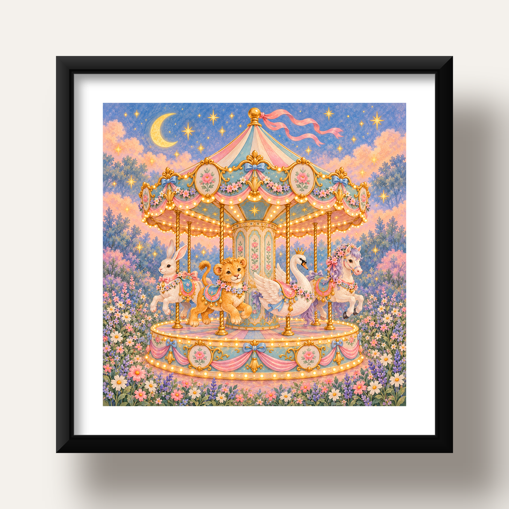Pastel Nostaljik Atlıkarınca Poster – Masalsı Hayvanlar — siyah derin çerçeveli paspartulu