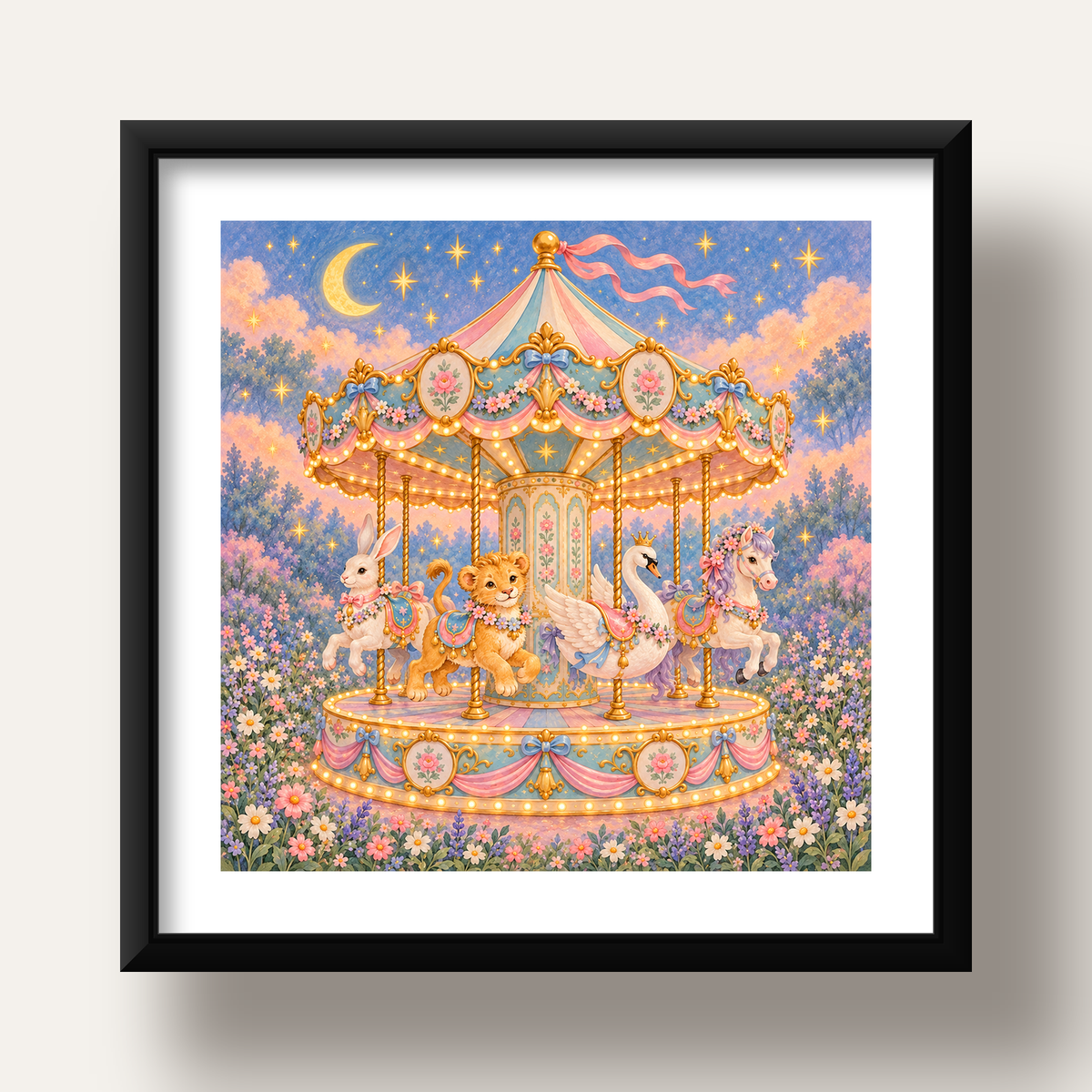 Pastel Nostaljik Atlıkarınca Poster – Masalsı Hayvanlar — siyah derin çerçeveli paspartulu