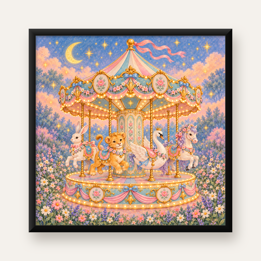 Pastel Nostaljik Atlıkarınca Poster – Masalsı Hayvanlar — Kare baskı, düz siyah çerçeveli duvar posteri