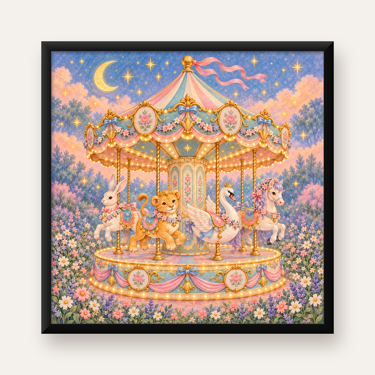 Pastel Nostaljik Atlıkarınca Poster – Masalsı Hayvanlar — Kare baskı, düz siyah çerçeveli duvar posteri