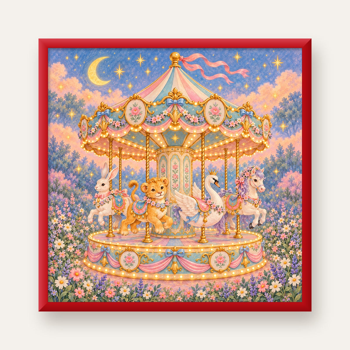 Pastel Nostaljik Atlıkarınca Poster – Masalsı Hayvanlar — kırmızı çerçeveli