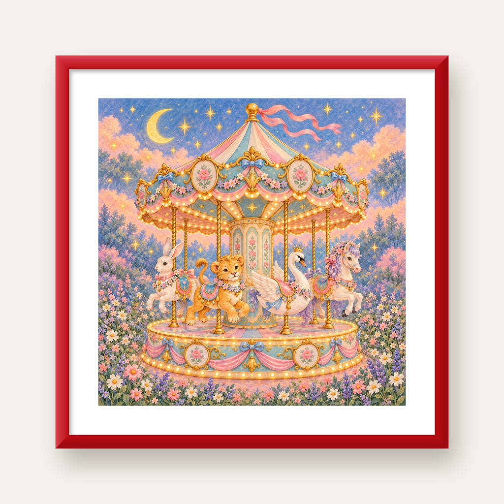 Pastel Nostaljik Atlıkarınca Poster – Masalsı Hayvanlar — kırmızı çerçeveli paspartulu