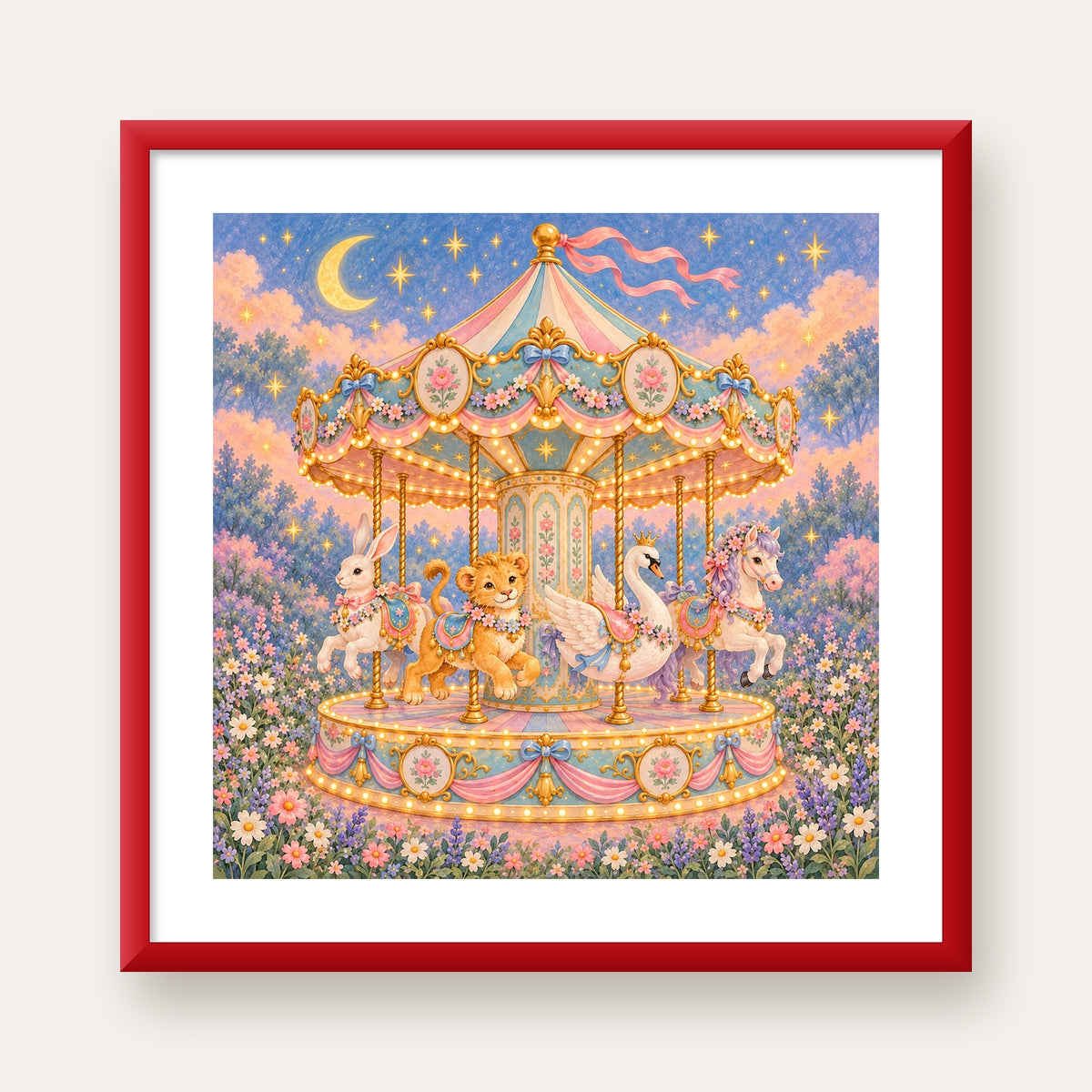 Pastel Nostaljik Atlıkarınca Poster – Masalsı Hayvanlar — kırmızı çerçeveli paspartulu
