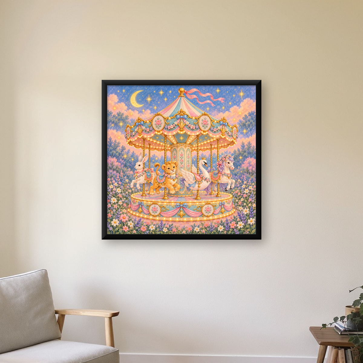 Pastel Nostaljik Atlıkarınca Poster – Masalsı Hayvanlar — Kare baskı, çerçeveli hâliyle bir ev duvarında