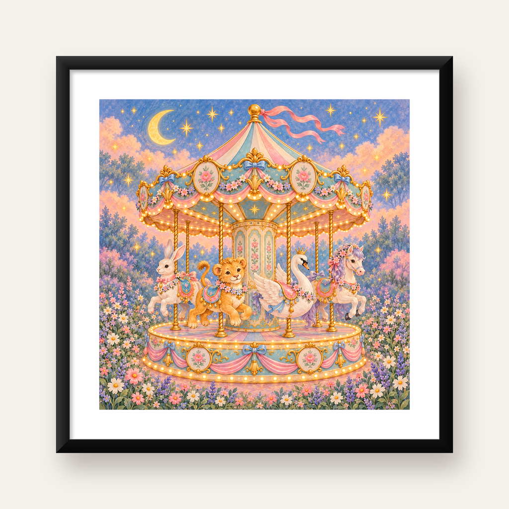 Pastel Nostaljik Atlıkarınca Poster – Masalsı Hayvanlar — Kare baskı, beyaz paspartulu