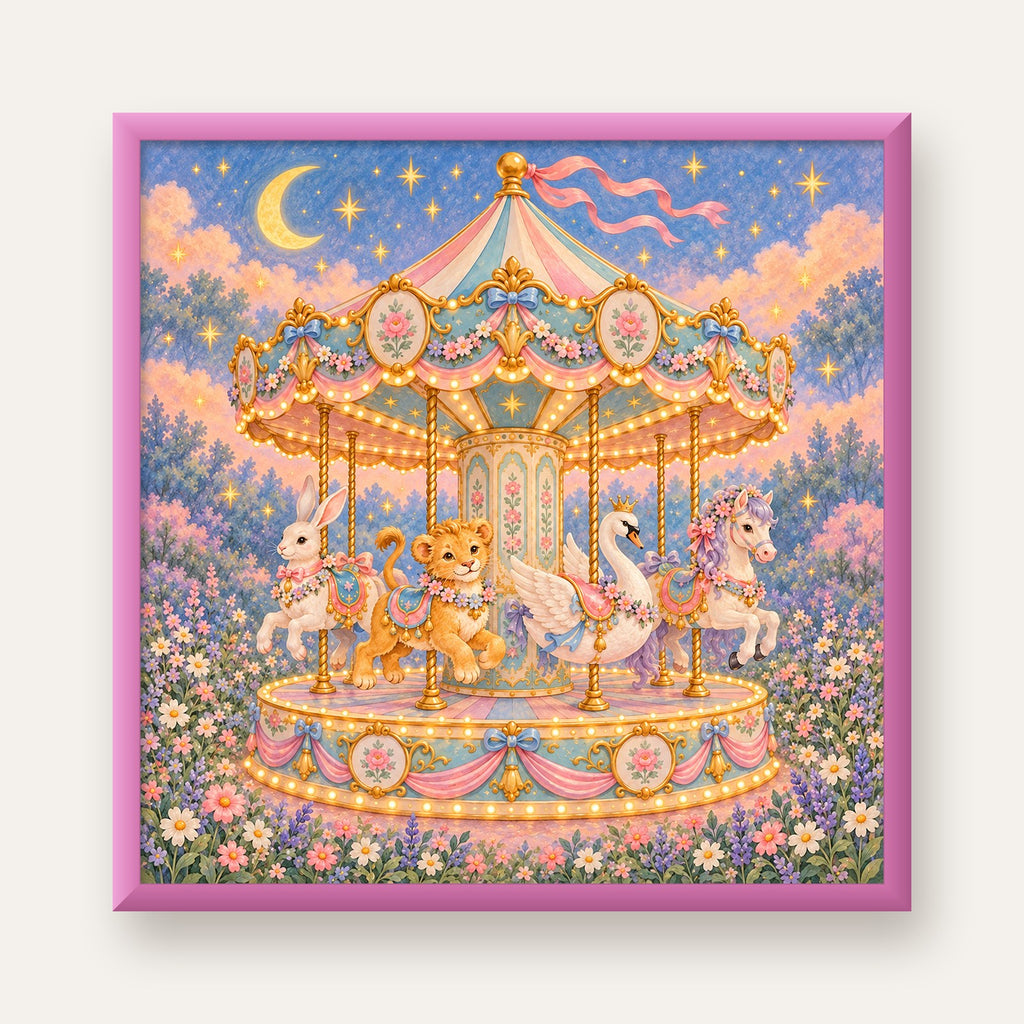 Pastel Nostaljik Atlıkarınca Poster – Masalsı Hayvanlar — pembe çerçeveli