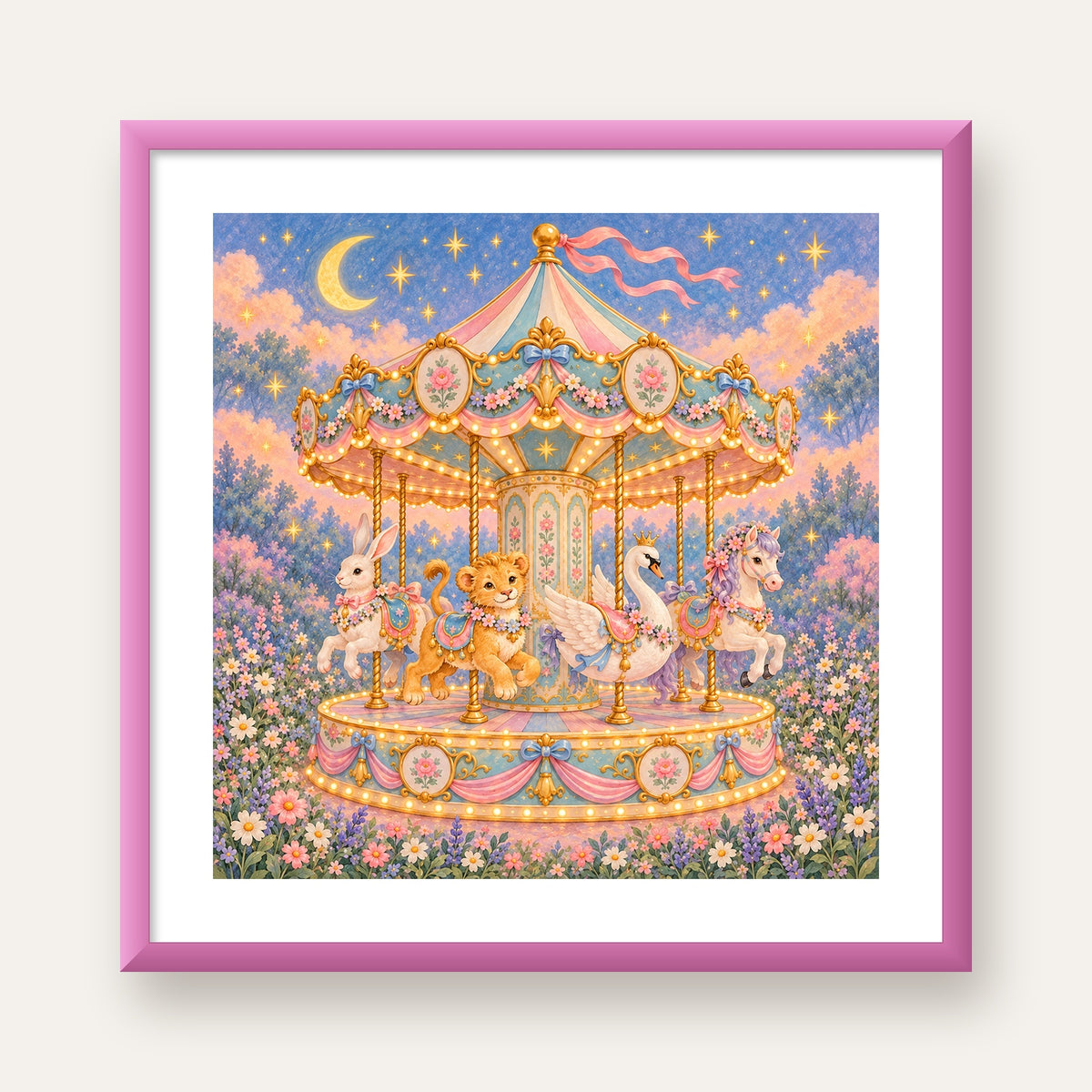 Pastel Nostaljik Atlıkarınca Poster – Masalsı Hayvanlar — pembe çerçeveli paspartulu