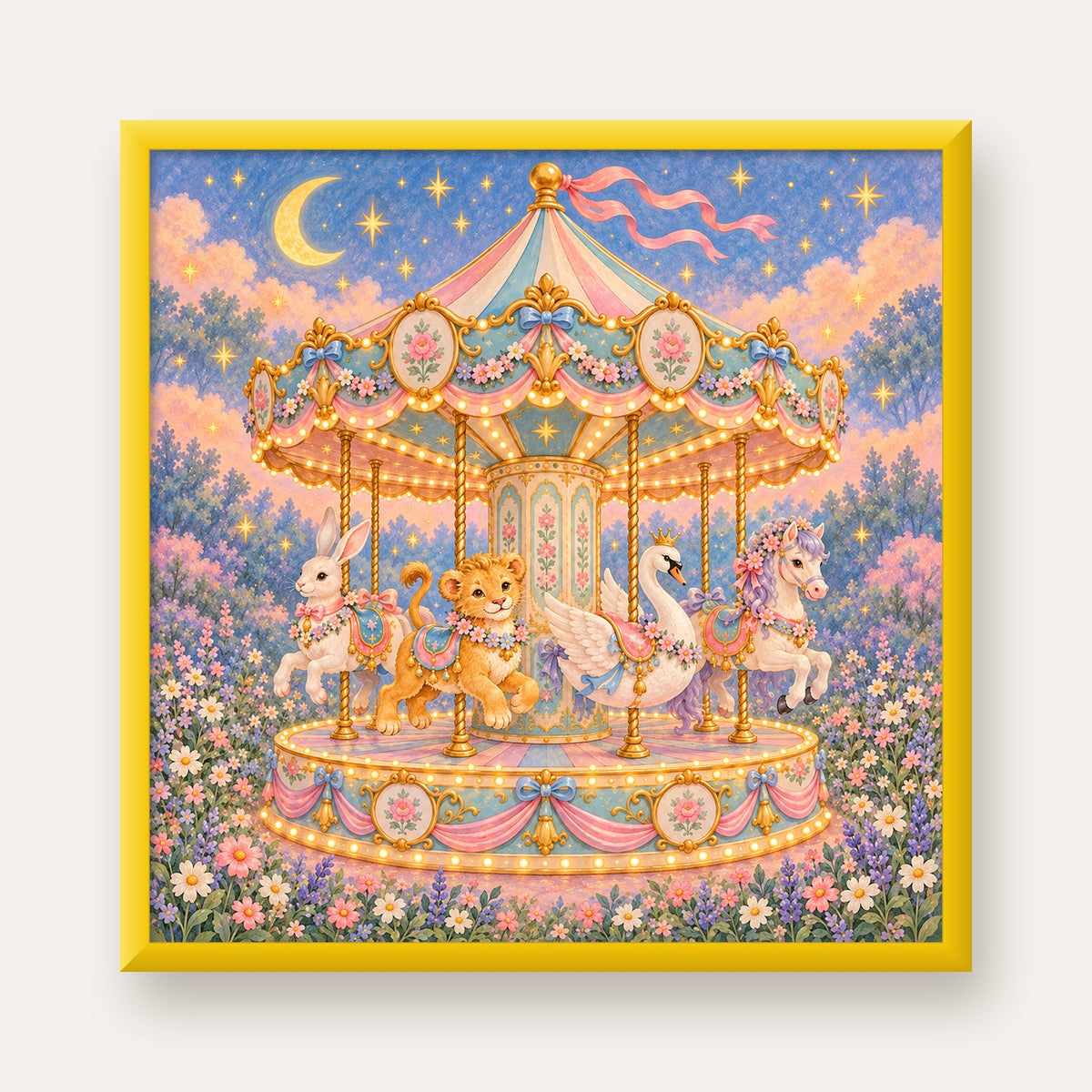 Pastel Nostaljik Atlıkarınca Poster – Masalsı Hayvanlar — sarı çerçeveli