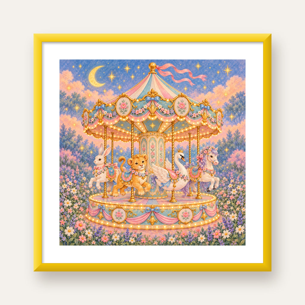 Pastel Nostaljik Atlıkarınca Poster – Masalsı Hayvanlar — sarı çerçeveli paspartulu