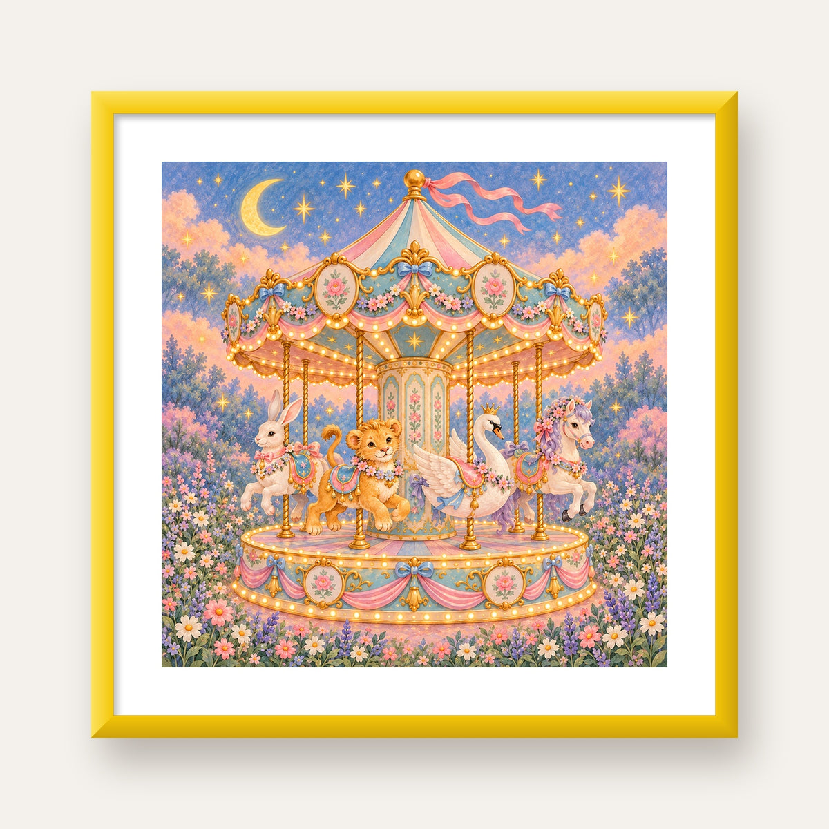 Pastel Nostaljik Atlıkarınca Poster – Masalsı Hayvanlar — sarı çerçeveli paspartulu