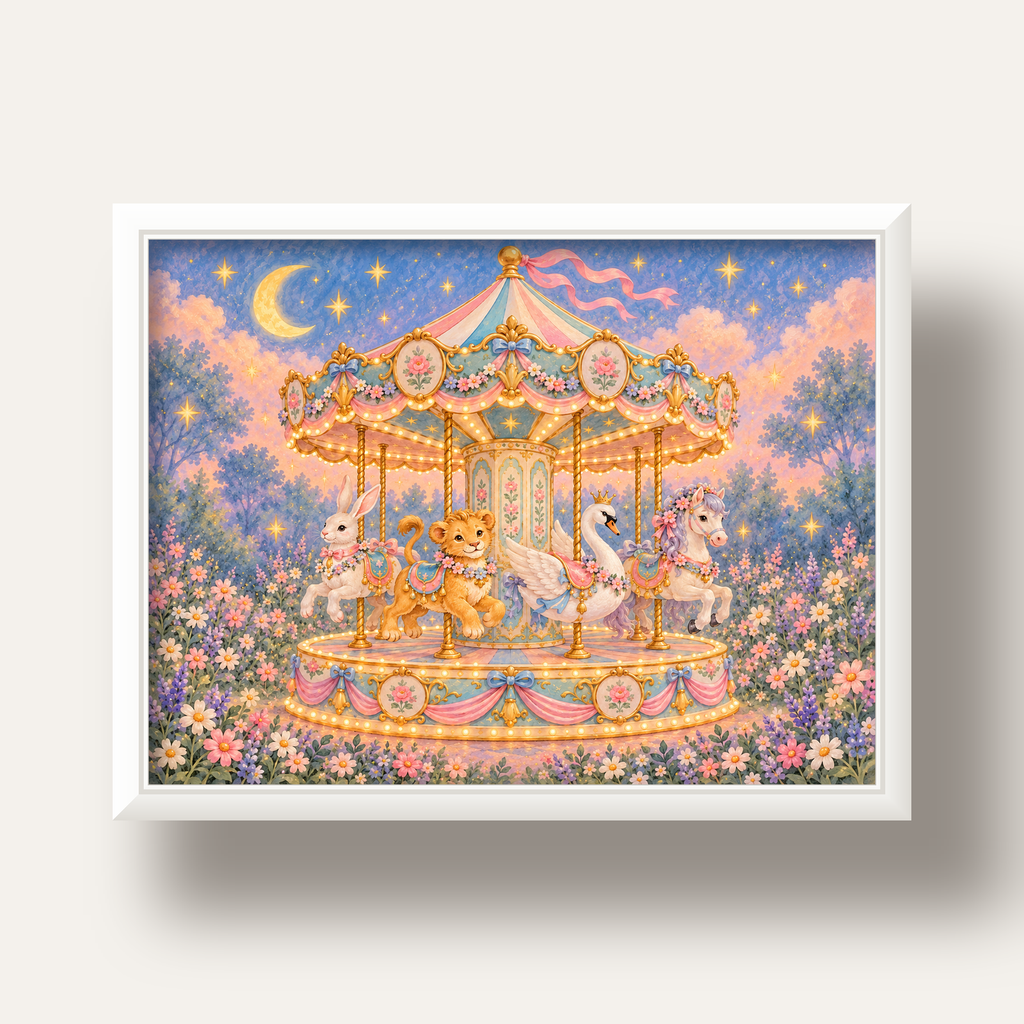 Pastel Nostaljik Atlıkarınca Poster – Masalsı Hayvanlar — beyaz derin çerçeveli