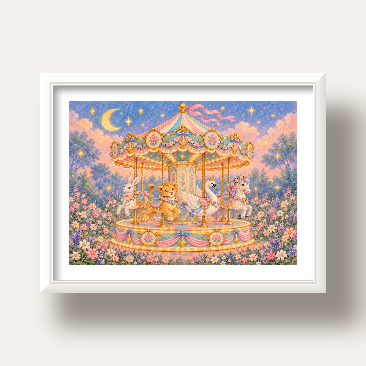 Pastel Nostaljik Atlıkarınca Poster – Masalsı Hayvanlar — beyaz derin çerçeveli paspartulu