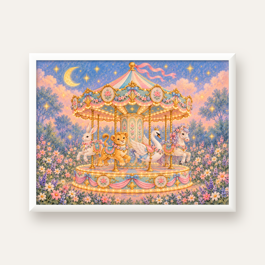Pastel Nostaljik Atlıkarınca Poster – Masalsı Hayvanlar — beyaz çerçeveli yatay poster