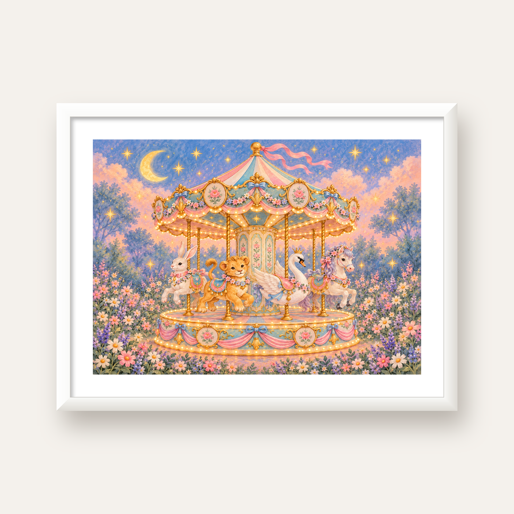 Pastel Nostaljik Atlıkarınca Poster – Masalsı Hayvanlar — beyaz çerçeveli yatay poster