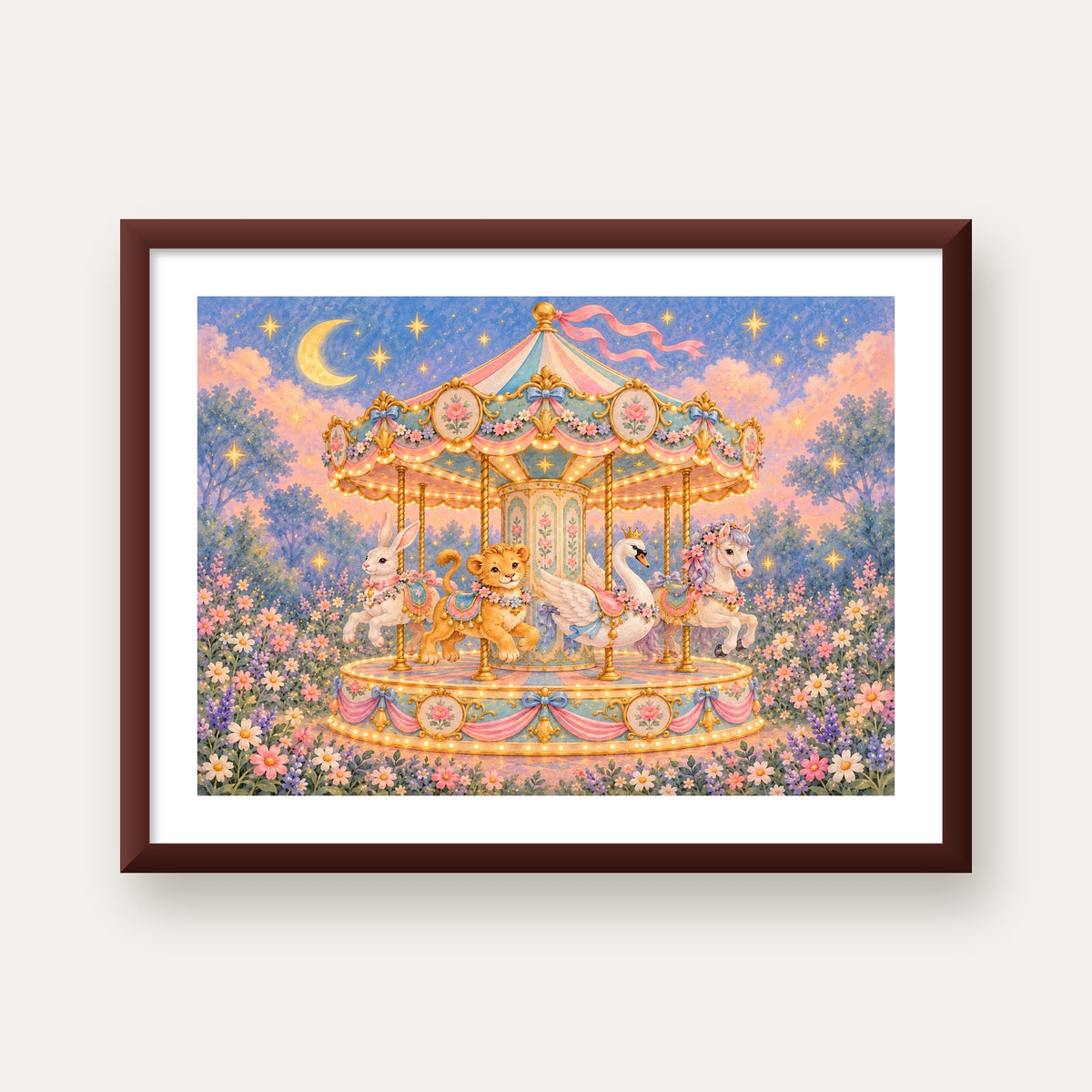 Pastel Nostaljik Atlıkarınca Poster – Masalsı Hayvanlar — ceviz çerçeveli paspartulu