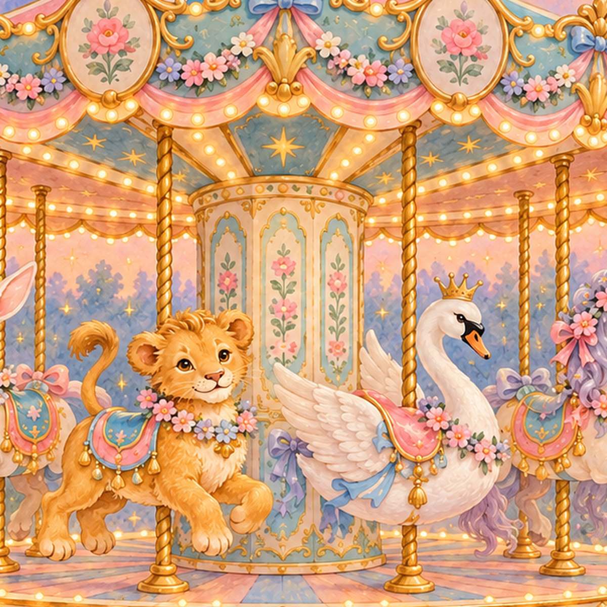 Pastel Nostaljik Atlıkarınca Poster – Masalsı Hayvanlar — baskının yakın çekimi, kâğıt dokusu ve renk detayı