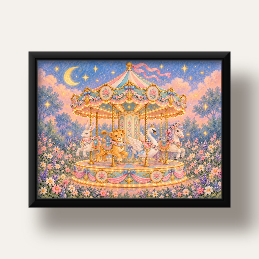 Pastel Nostaljik Atlıkarınca Poster – Masalsı Hayvanlar — siyah derin çerçeveli