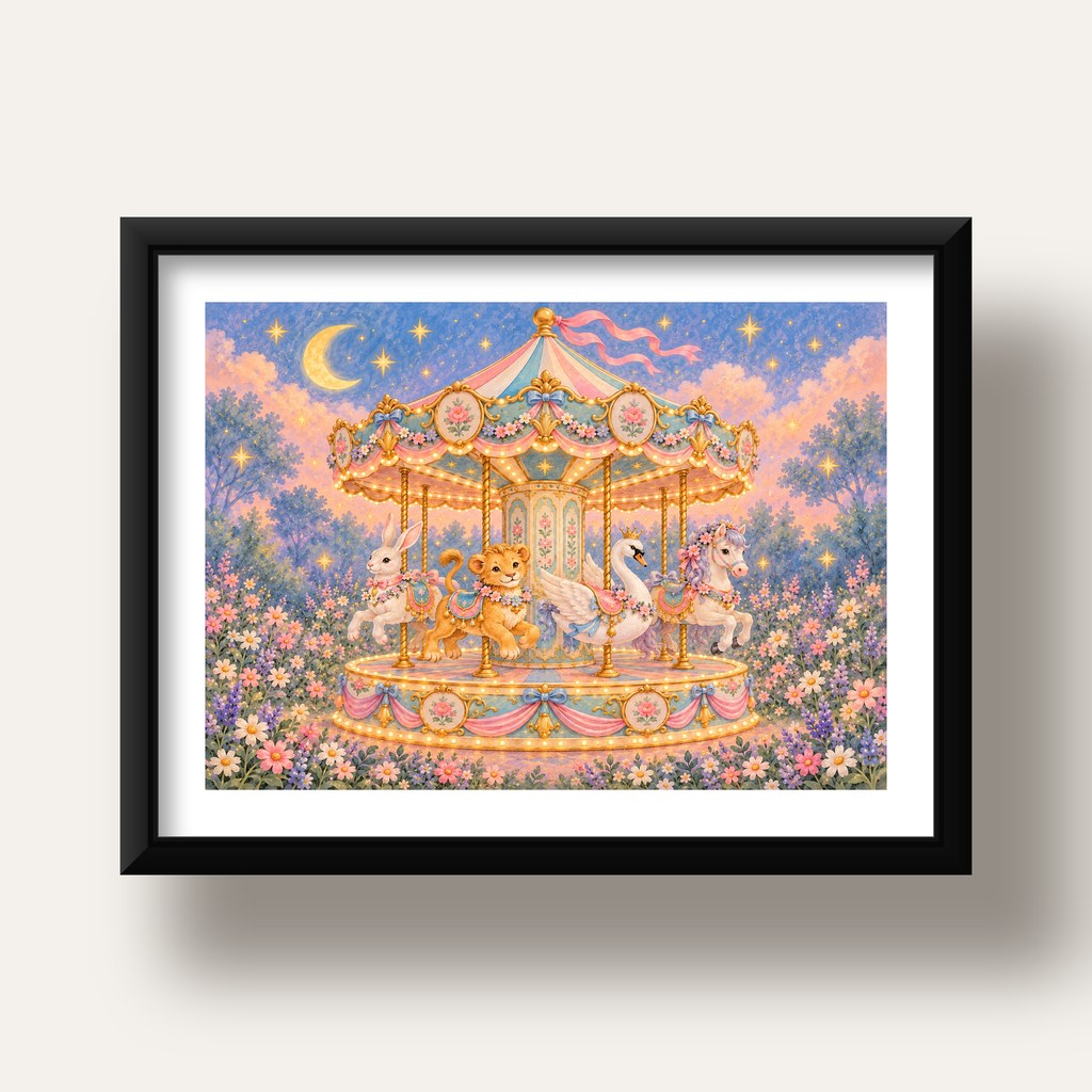 Pastel Nostaljik Atlıkarınca Poster – Masalsı Hayvanlar — siyah derin çerçeveli paspartulu