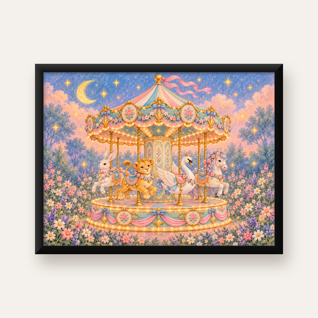 Pastel Nostaljik Atlıkarınca Poster – Masalsı Hayvanlar — Yatay baskı, düz siyah çerçeveli duvar posteri
