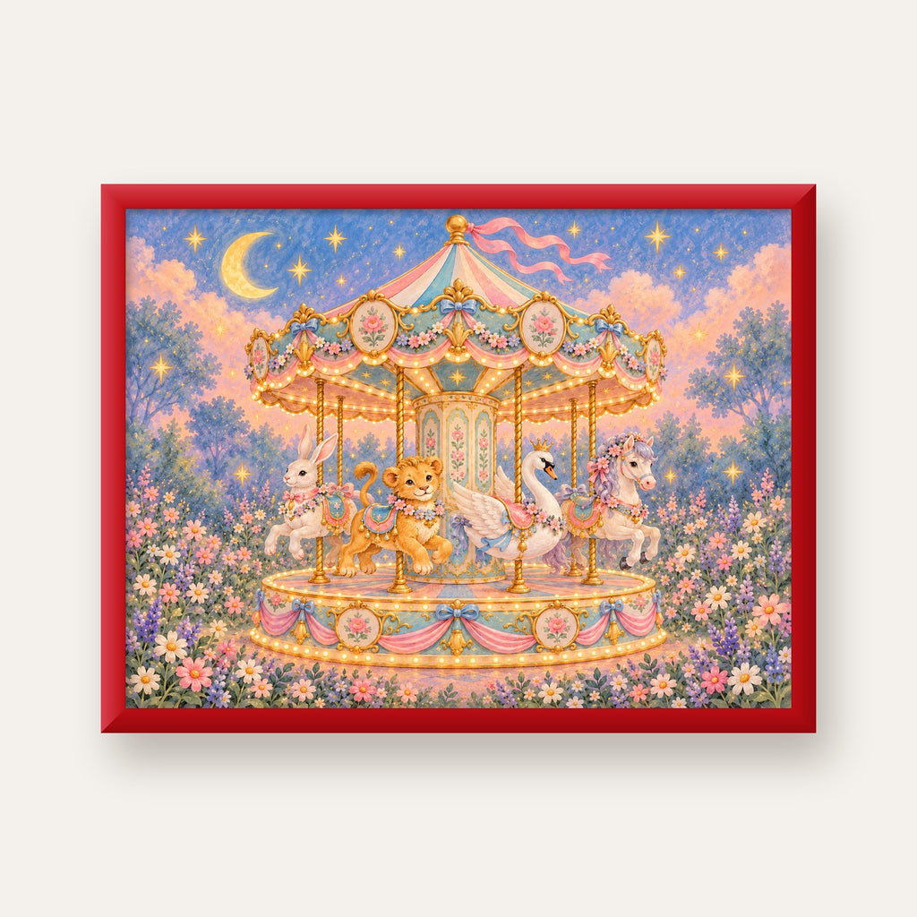 Pastel Nostaljik Atlıkarınca Poster – Masalsı Hayvanlar — kırmızı çerçeveli