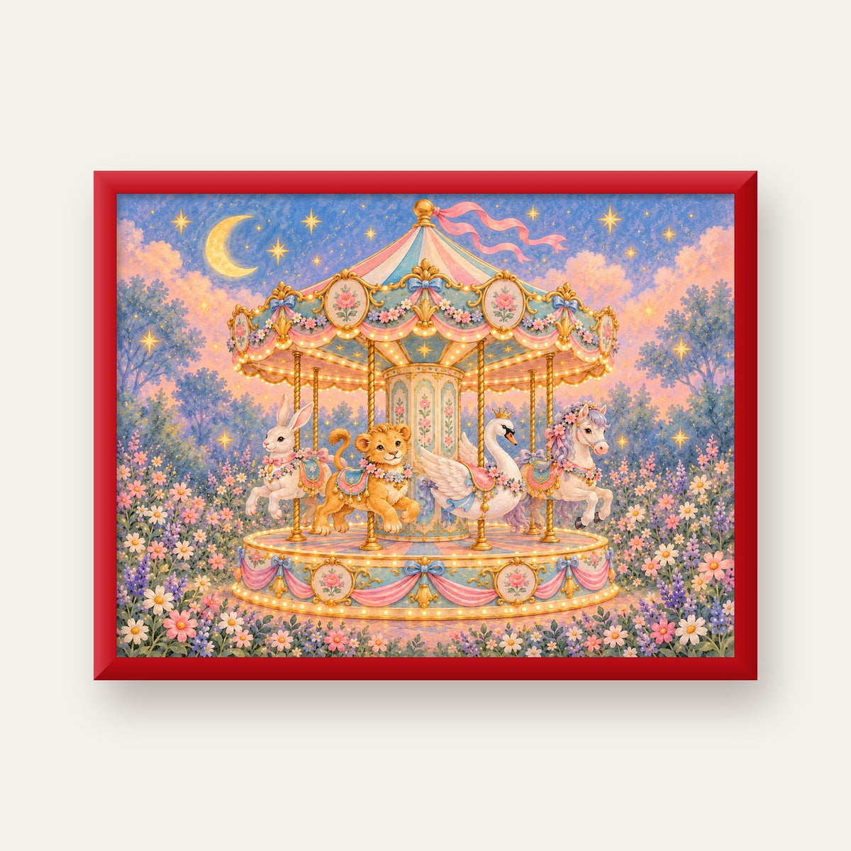 Pastel Nostaljik Atlıkarınca Poster – Masalsı Hayvanlar — kırmızı çerçeveli
