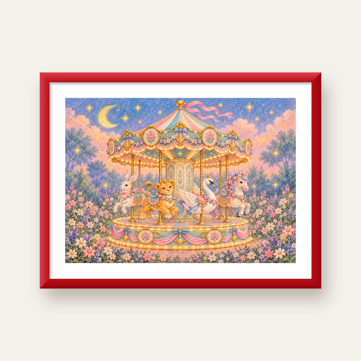 Pastel Nostaljik Atlıkarınca Poster – Masalsı Hayvanlar — kırmızı çerçeveli paspartulu