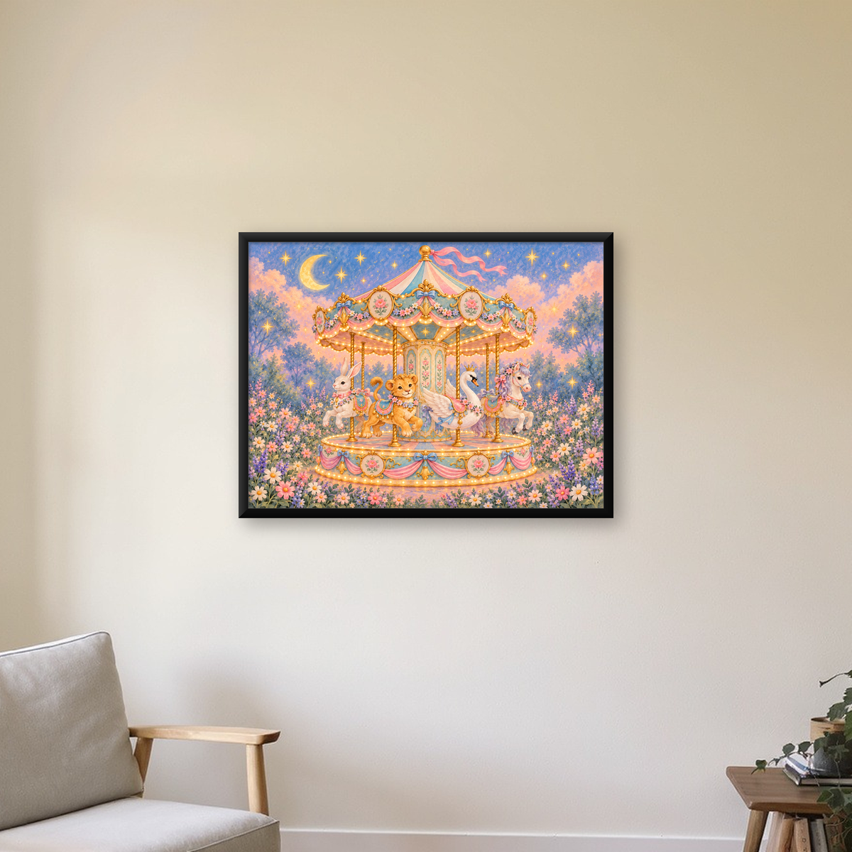 Pastel Nostaljik Atlıkarınca Poster – Masalsı Hayvanlar — Yatay baskı, çerçeveli hâliyle bir ev duvarında