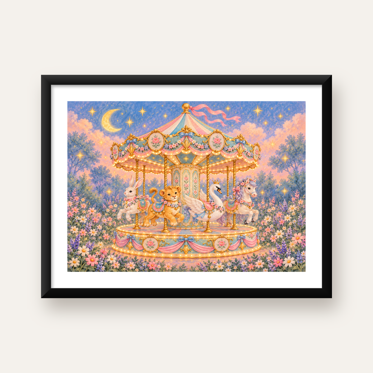 Pastel Nostaljik Atlıkarınca Poster – Masalsı Hayvanlar — Yatay baskı, beyaz paspartulu