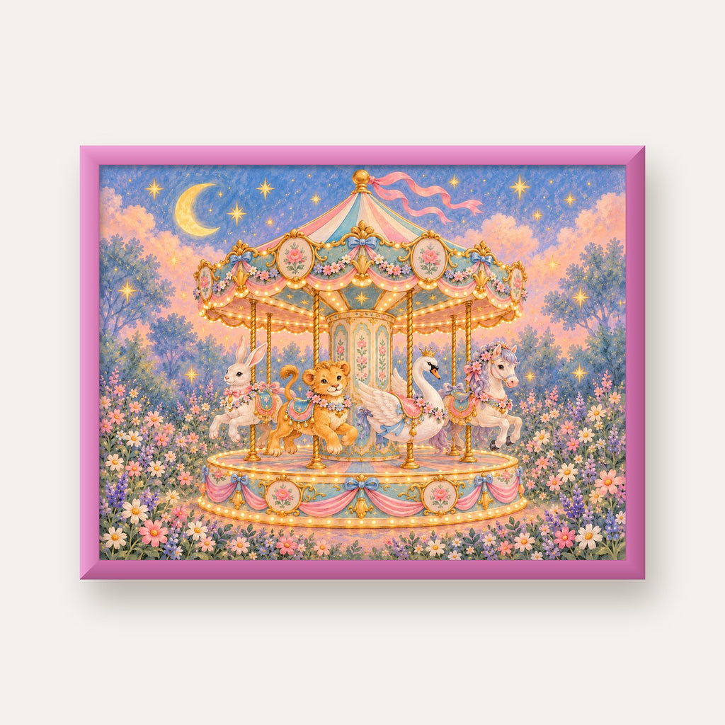 Pastel Nostaljik Atlıkarınca Poster – Masalsı Hayvanlar — pembe çerçeveli