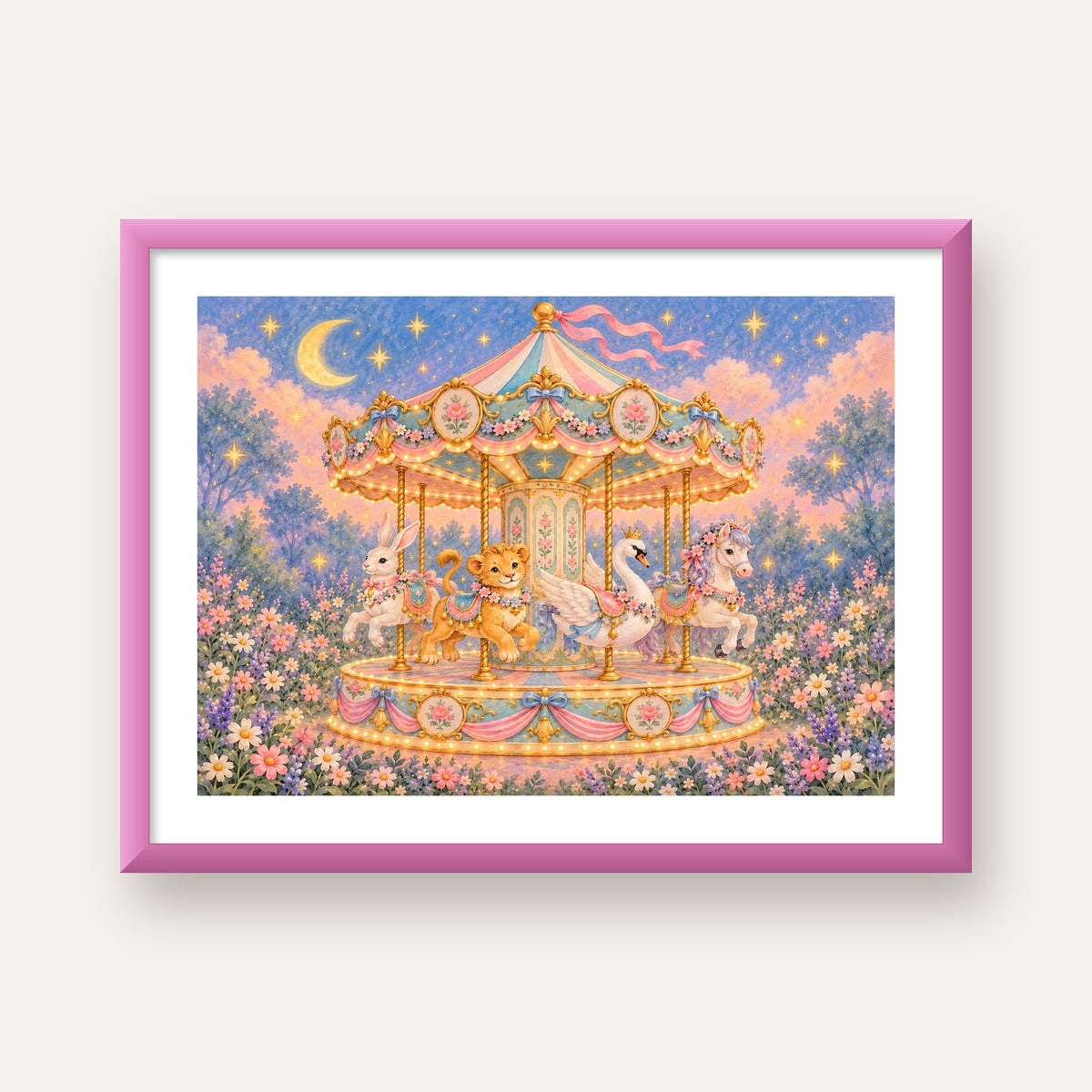 Pastel Nostaljik Atlıkarınca Poster – Masalsı Hayvanlar — pembe çerçeveli paspartulu
