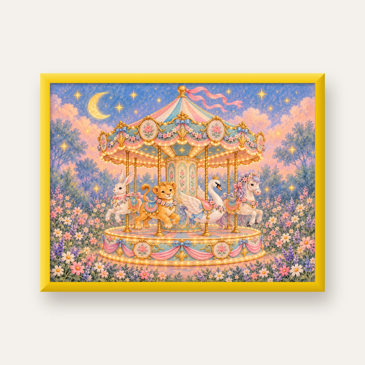Pastel Nostaljik Atlıkarınca Poster – Masalsı Hayvanlar — sarı çerçeveli