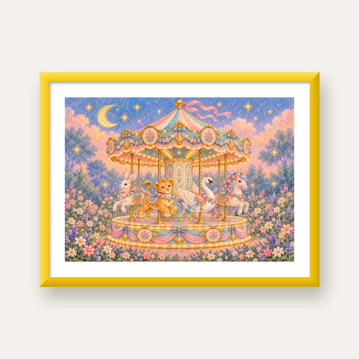Pastel Nostaljik Atlıkarınca Poster – Masalsı Hayvanlar — sarı çerçeveli paspartulu
