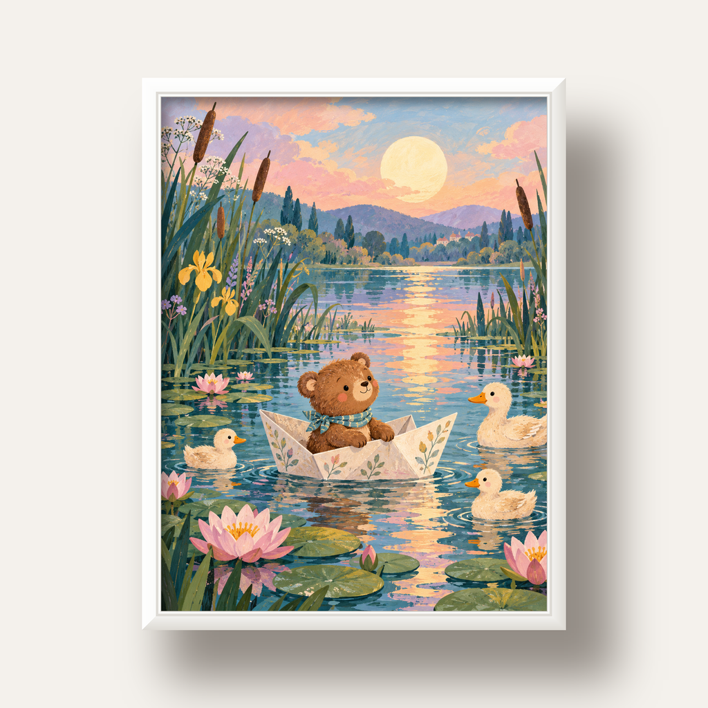 Göl Manzaralı Ayı Yavrusu ve Ördekler Poster – Masalsı Sanat Baskısı — beyaz derin çerçeveli