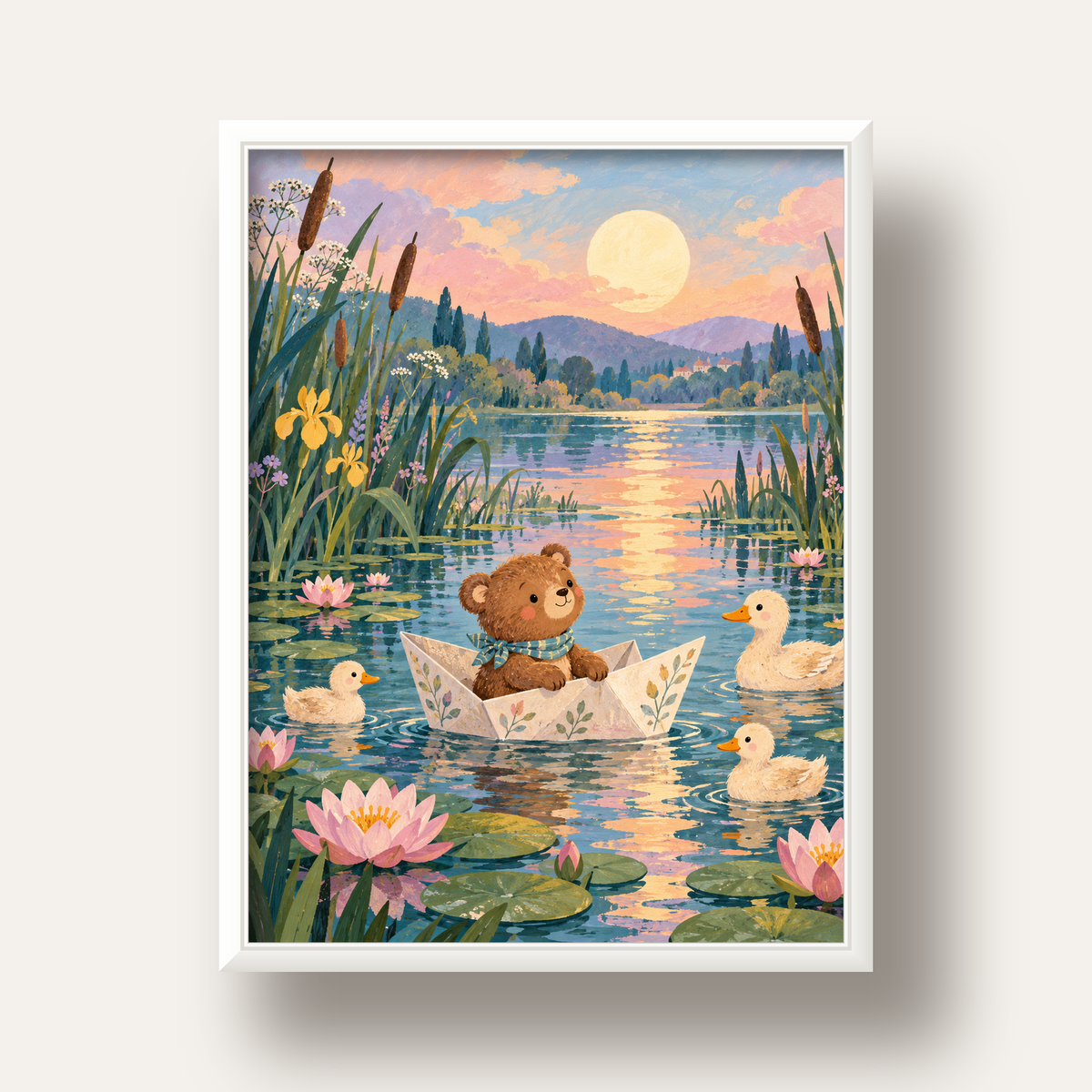 Göl Manzaralı Ayı Yavrusu ve Ördekler Poster – Masalsı Sanat Baskısı — beyaz derin çerçeveli