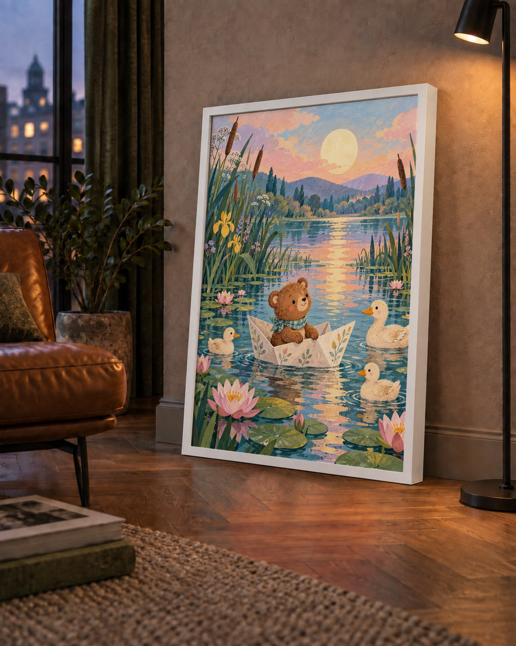 Göl Manzaralı Ayı Yavrusu ve Ördekler Poster – Masalsı Sanat Baskısı